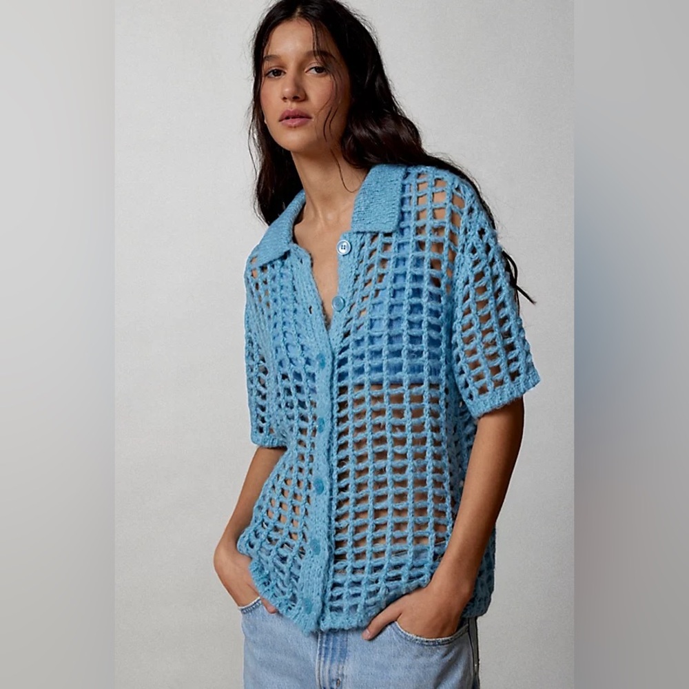 BDG Urban Outfitters Osaka Open-Knit Polo Sweater Blue NWOT Womens XS 💙🌀